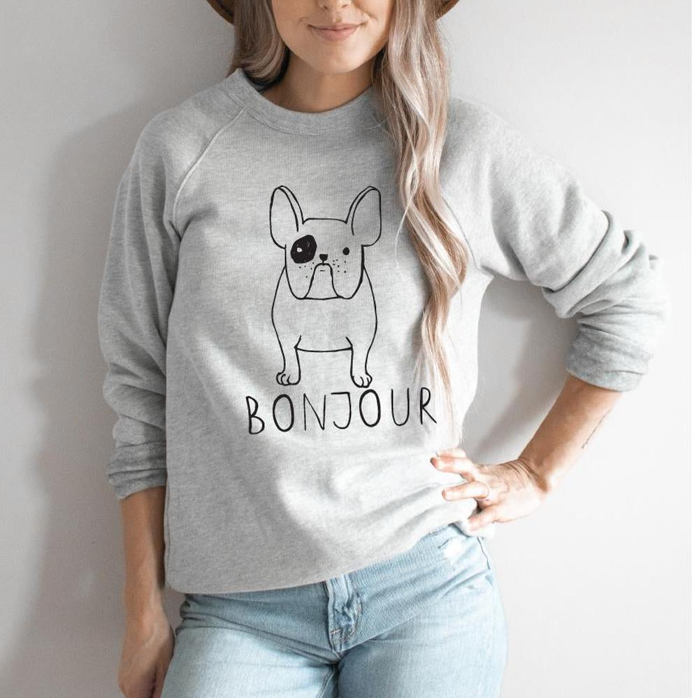 Bonjour Frenchie Adult Sweatshirt Adult Sweatshirt Made in Canada Bamboo Baby and Kids Clothing
