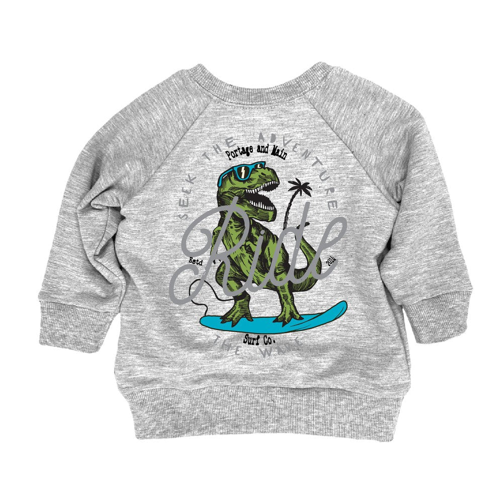 Surfing Dinosaur Sweatshirt Sweatshirt Made in Canada Bamboo Baby and Kids Clothing