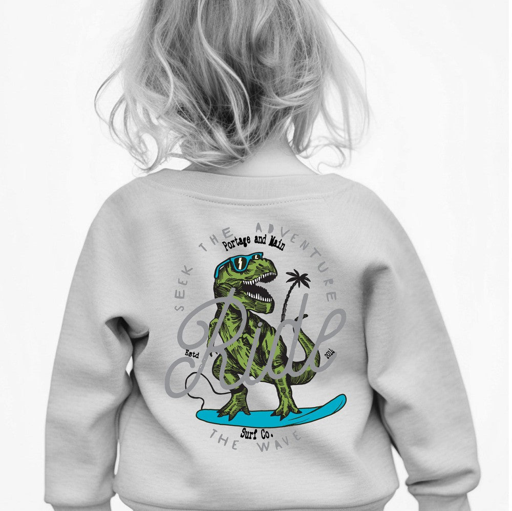 Surfing Dinosaur Sweatshirt Sweatshirt Made in Canada Bamboo Baby and Kids Clothing